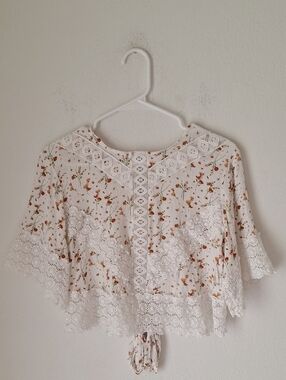 Gorgeous Boho Y2k Women's Cream Floral Crochet Trim Crop Top Sz L 100% RAYON